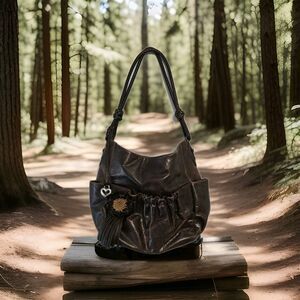 Retired Brighton Jen Leather Bucket Handbag Purse Flower Fringe Distressed Brown